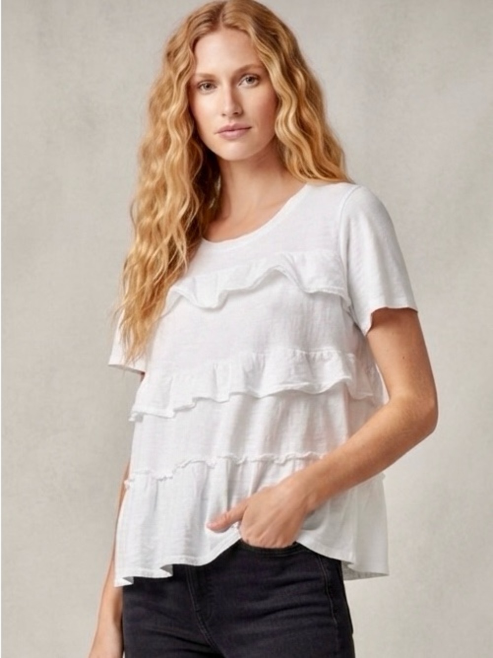 Eri + Ali White Ruffle Short-Sleeve Tiered Top